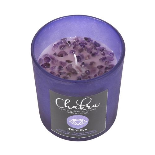 Third Eye Chakra Candle with lavender scent and crystal chips, perfect for meditation and relaxation
