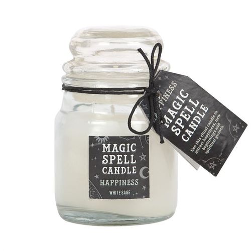 White sage happiness candle in a glass jar with a decorative tag, designed to create a joyful ambiance