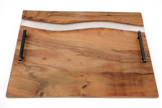 Geko Products Acacia wood serving tray with black metal handles and natural wood grain finish