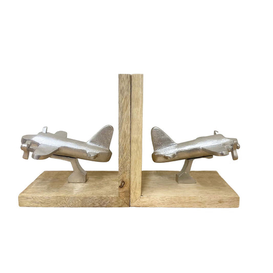 Geko Products aeroplane bookends set with silver metal planes mounted on wooden bases for stylish bookshelf support