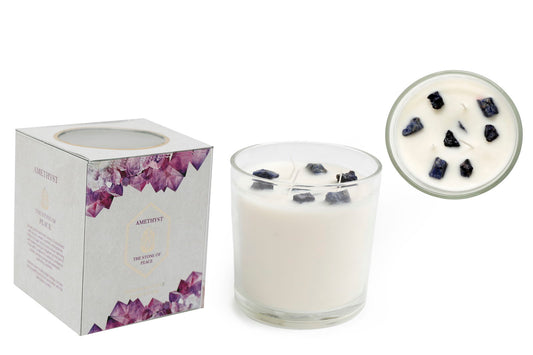 Geko Products amethyst crystal candle with white wax and amethyst stones in clear glass and decorative box