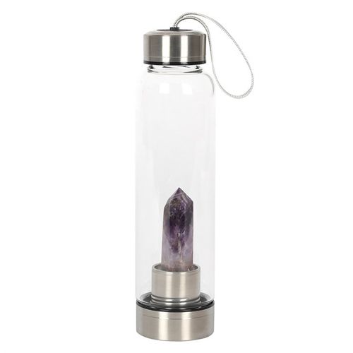 SD Connect Amethyst Glass Water Bottle featuring a crystal inside for infused hydration