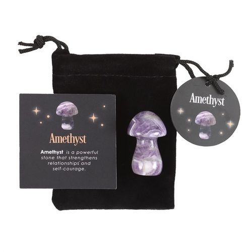 Magical amethyst mushroom crystal in a black pouch with informational card about its benefits