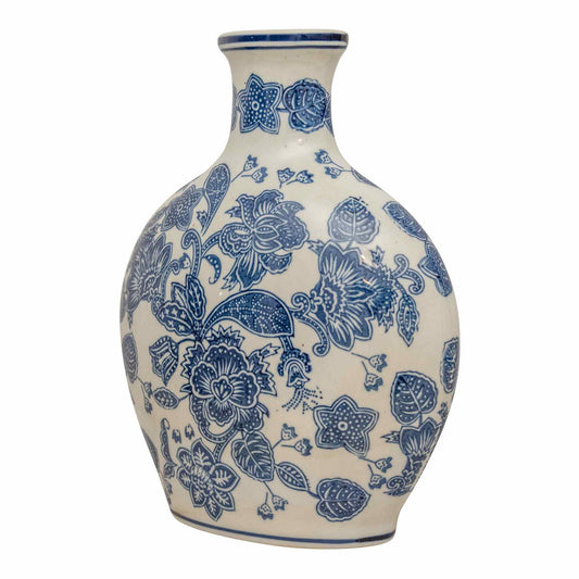 Anemone blue white vase with intricate floral pattern and rounded shape by Geko Products