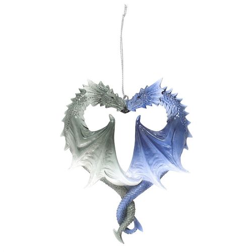 Anne Stokes dragon heart ornament featuring two intertwining dragons in blue and gray hues, perfect for hanging decor