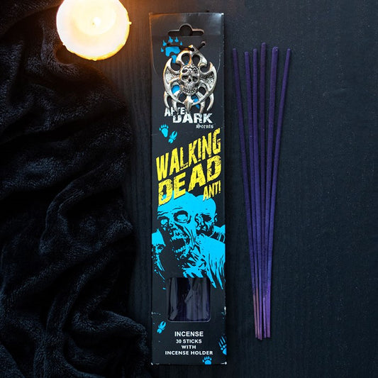 Anti Walking Dead incense sticks with holder featuring a spooky design and four purple incense sticks
