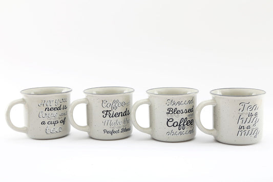 Geko Products antique grey slogan mug set with four ceramic mugs featuring different coffee and tea quotes