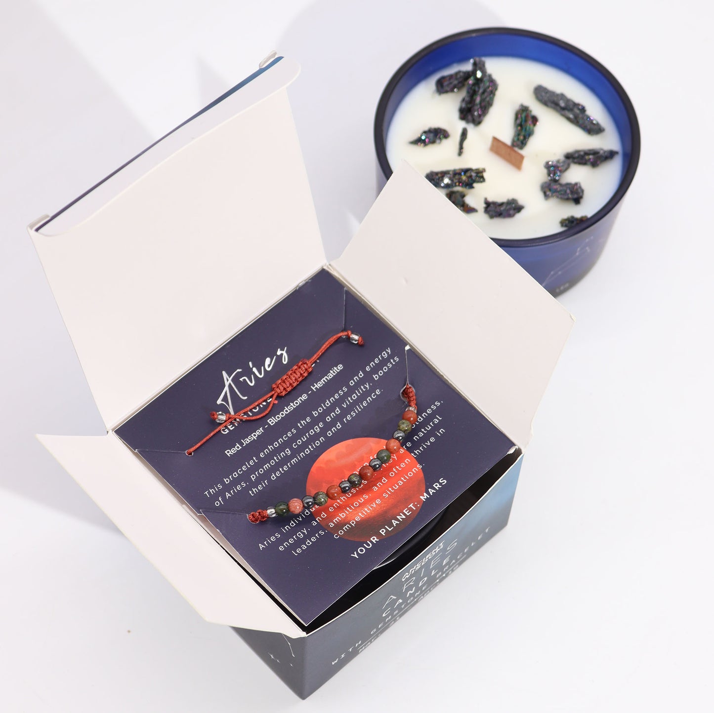 Aries Zodiac Crystal Candle and Gemstone Bracelet gift set for astrology lovers