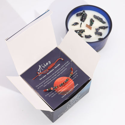 Aries Zodiac Crystal Candle and Gemstone Bracelet gift set for astrology lovers