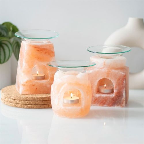 Cube Himalayan Salt Oil Burner for aromatherapy salt lamp with glass top and candle holder