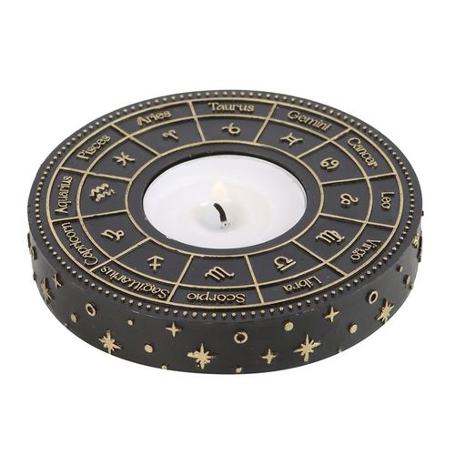 Astrology Candle Holder featuring zodiac signs design for tealight candles in a stylish black finish