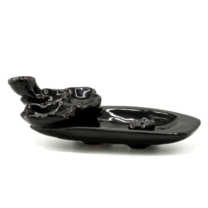 Elegant backflow incense burner lotus pond in sleek black ceramic design for a calming ambiance