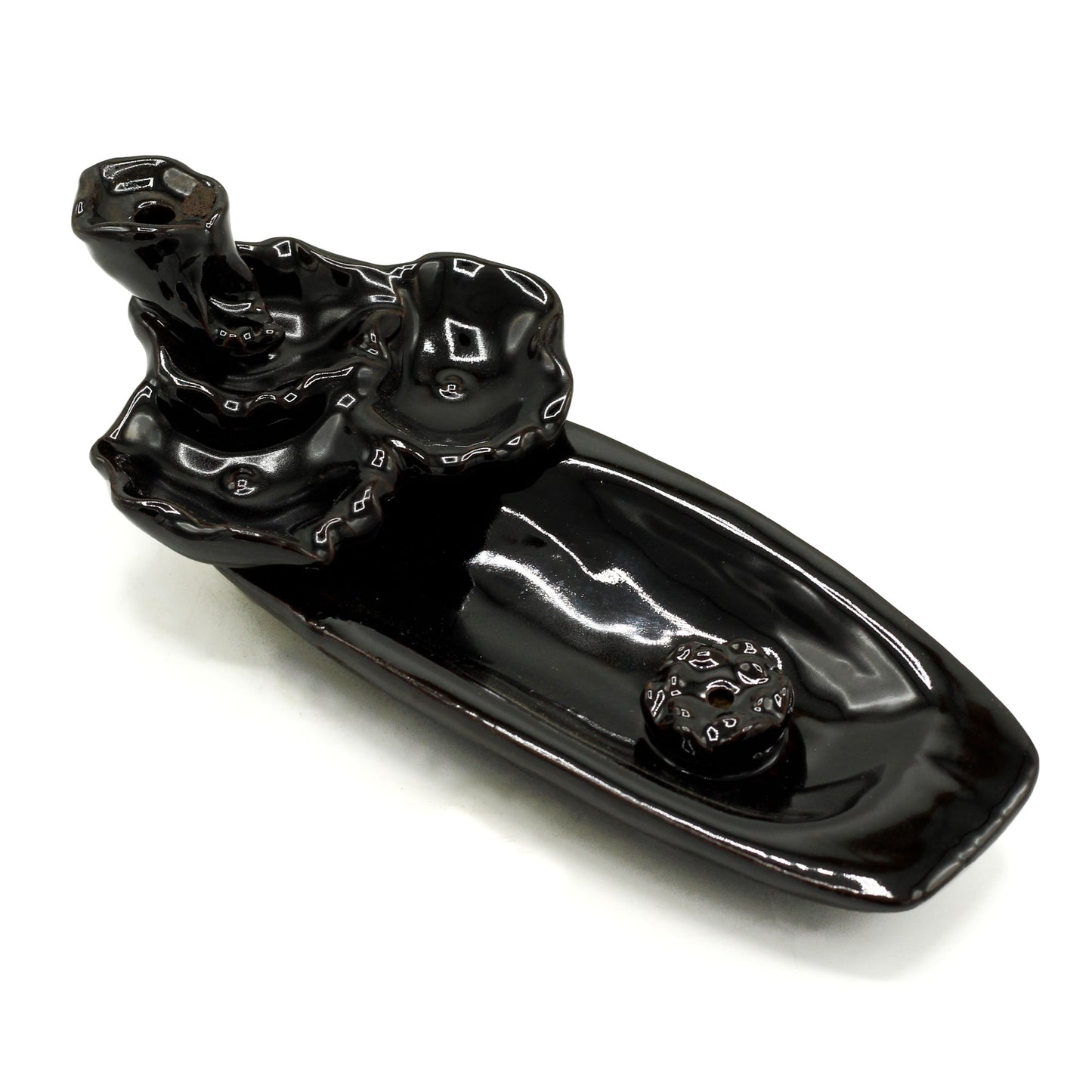 Backflow incense burner lotus pond design in glossy black ceramic for a tranquil ambiance