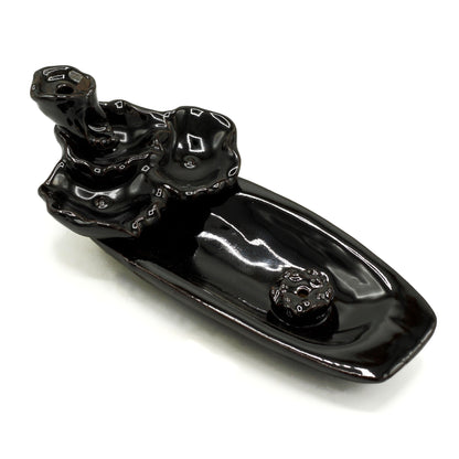 Backflow incense burner lotus pond design in glossy black ceramic for a tranquil ambiance