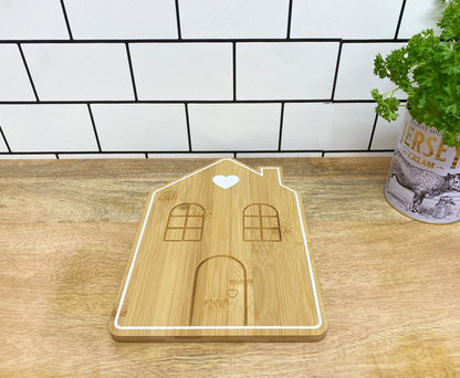 Geko Products bamboo house serving tray with engraved windows and door on wooden countertop