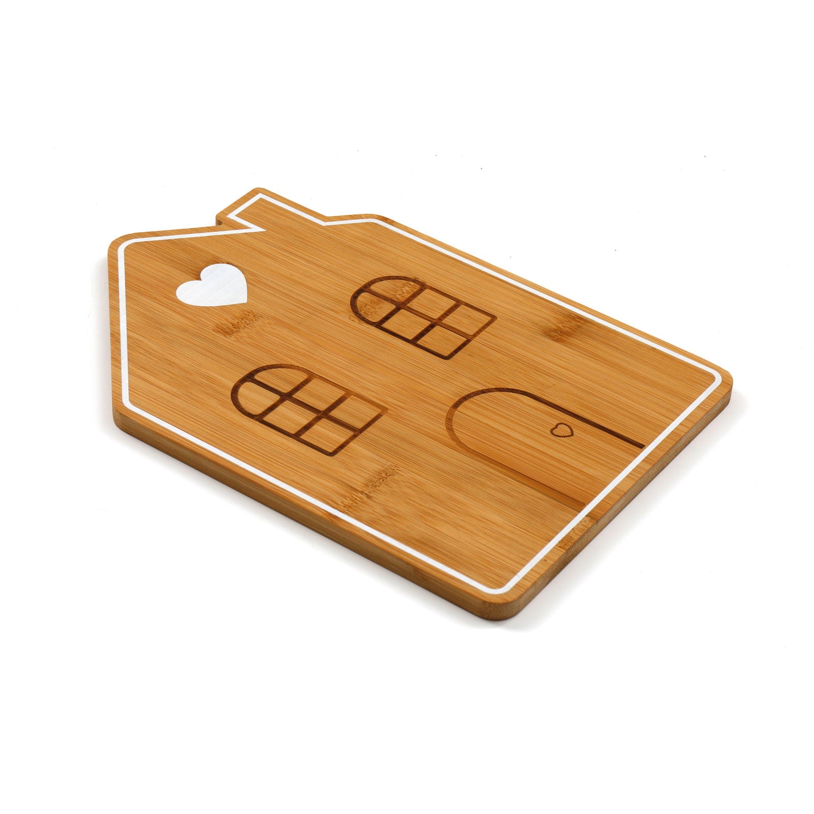 Geko Products bamboo house serving tray shaped like a house with window and door designs