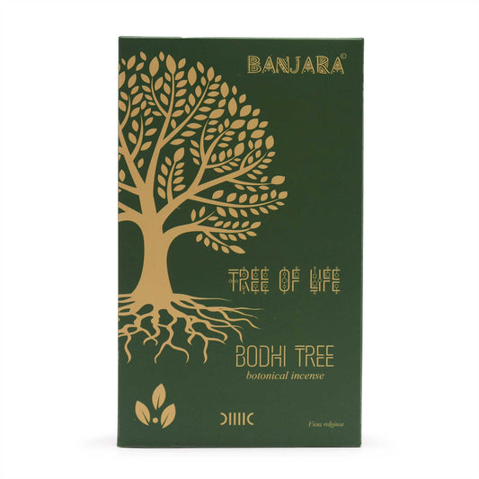 Banjara Botanical Incense Bodhi Tree packaging featuring a gold tree design on a green background