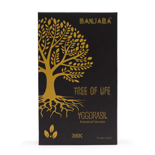 Banjara botanical incense Yggdrasil Tree packaging featuring a gold tree design on a black box
