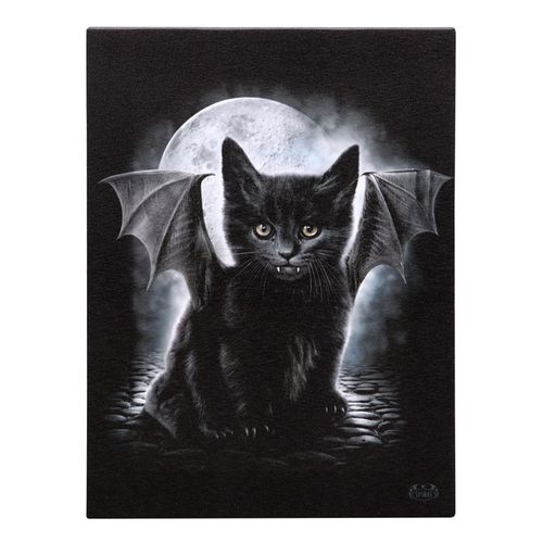 Bat Cat canvas art featuring a black cat with bat wings against a full moon backdrop