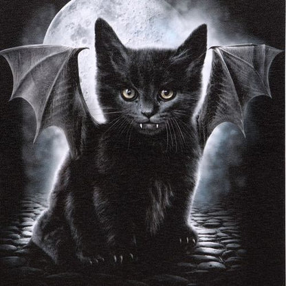Bat Cat canvas art featuring a black kitten with bat wings against a full moon background