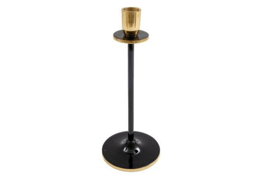 Black and gold candlestick with tall slender black stem and gold candle holder by Geko Products