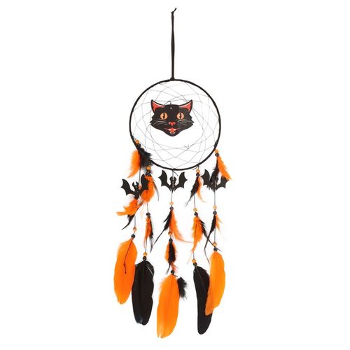Black Cat Halloween Dreamcatcher with orange feathers and bat accents for spooky decor