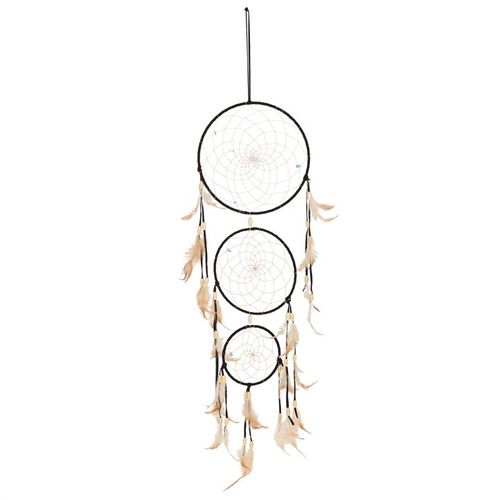 Black dreamcatcher with feathers featuring three circular designs for spiritual decor