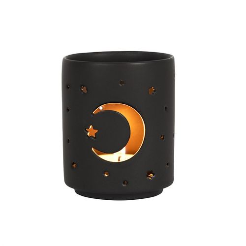Black moon tealight holder featuring a crescent moon and star designs for a cosy ambiance