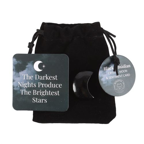 The Darkest Nights Black Obsidian Moon in a bag along with sentiment card and tag