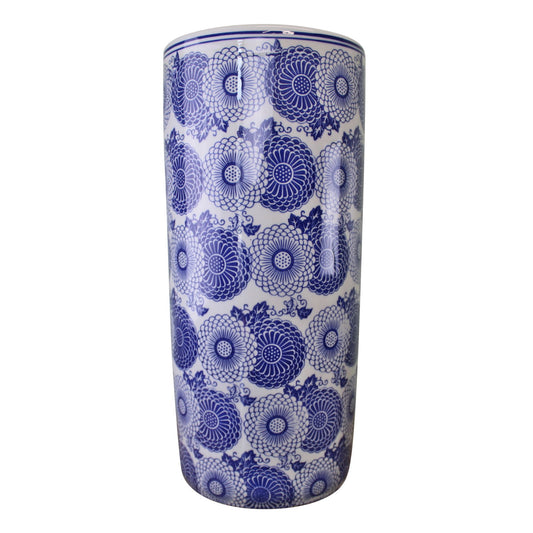 Blue and white marigold umbrella holder with intricate floral design by Geko Products