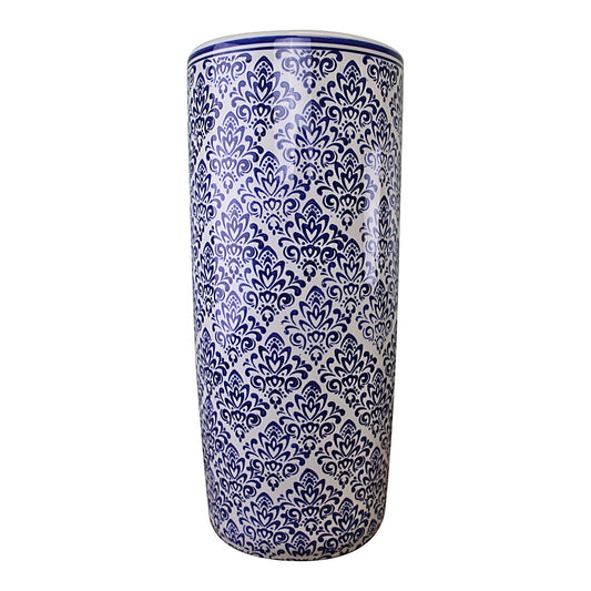 Geko Products blue and white umbrella holder with intricate floral pattern and cylindrical shape