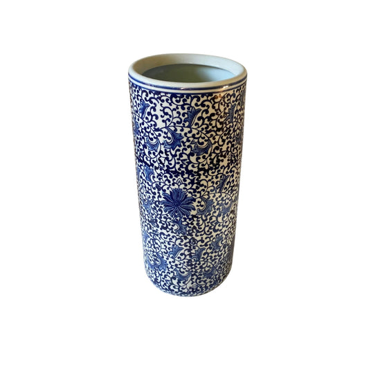 Geko Products blue floral umbrella stand with intricate decorative pattern and cylindrical shape