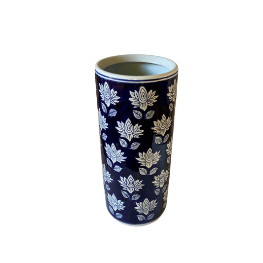 Blue flower umbrella stand with white floral patterns by Geko Products