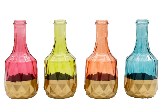 Geko Products colorful boho glass vase set with geometric textured base in pink yellow orange and blue