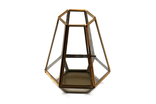 Geko Products bronze glass tea light holder with geometric metal frame and clear glass panels