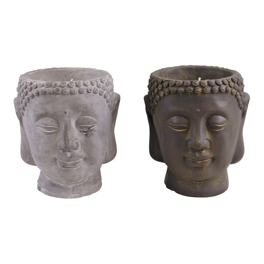Geko Products Buddha design candles in gray and dark brown with intricate Buddha head detailing