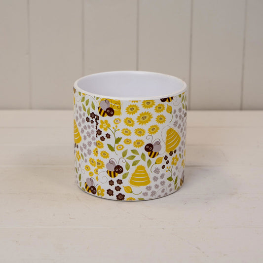 Bumblebee plant pot 14cm with yellow and brown bee and flower design by Geko Products