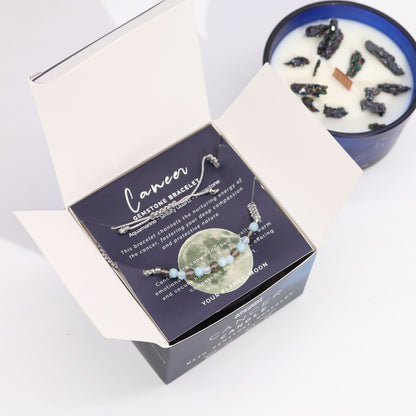 Cancer gemstone bracelet displayed in a box from the Zodiac Crystal Candle product