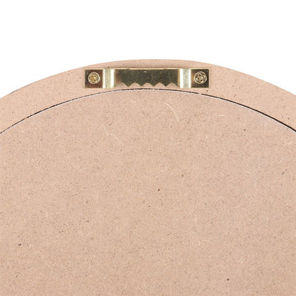 Back view of Carrot Patch round wall decor with hanging hardware for easy installation