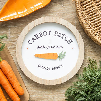 Carrot Patch wall decor with a wooden frame featuring a vibrant carrot and the phrase pick your own