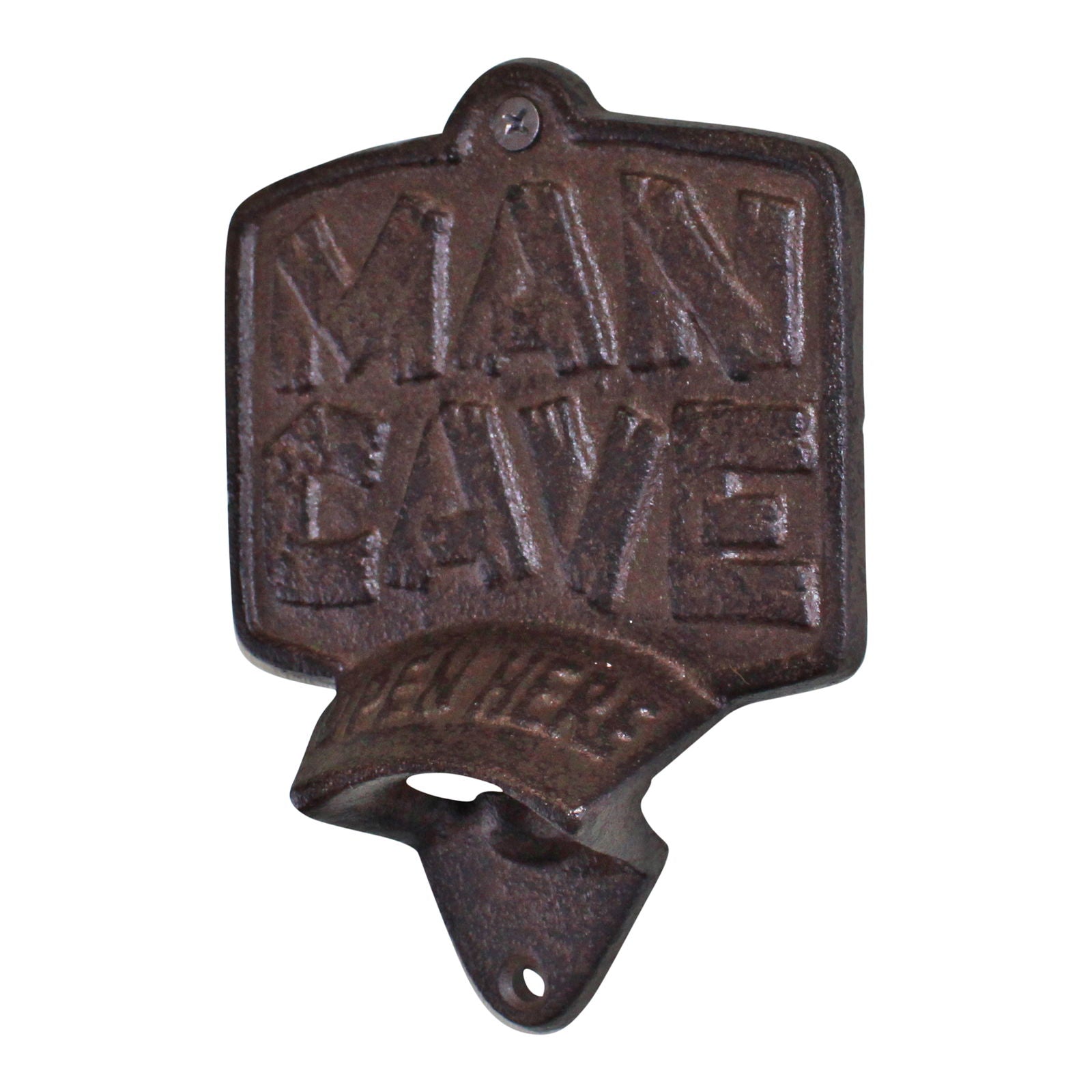 Geko Products brown cast iron bottle opener wall mount with Man Cave design