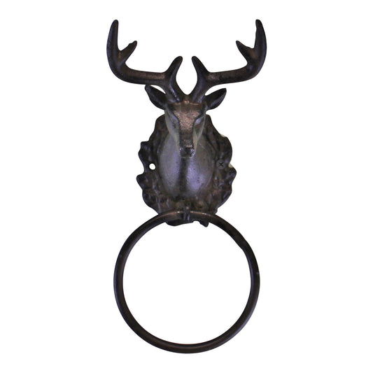 Geko Products cast iron deer towel holder with detailed stag head and circular towel ring