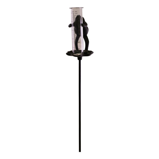 Geko Products cast iron garden rain gauge with decorative frog design and clear measuring tube