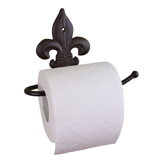 Geko Products cast iron toilet roll holder with fleur-de-lis design in dark finish