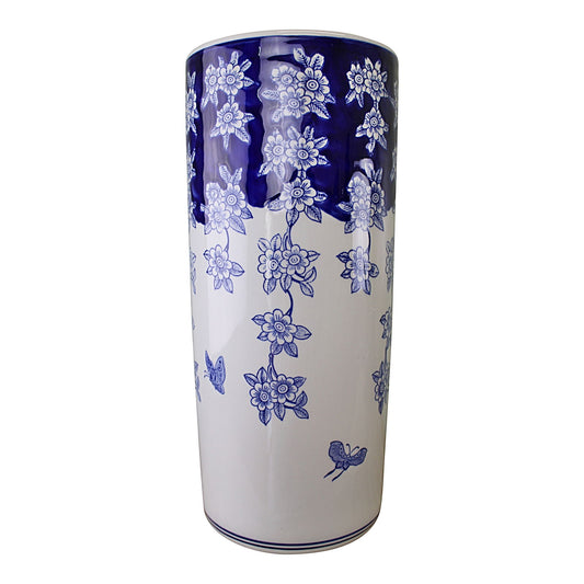 Geko Products butterfly design umbrella holder with blue floral and butterfly patterns on white ceramic