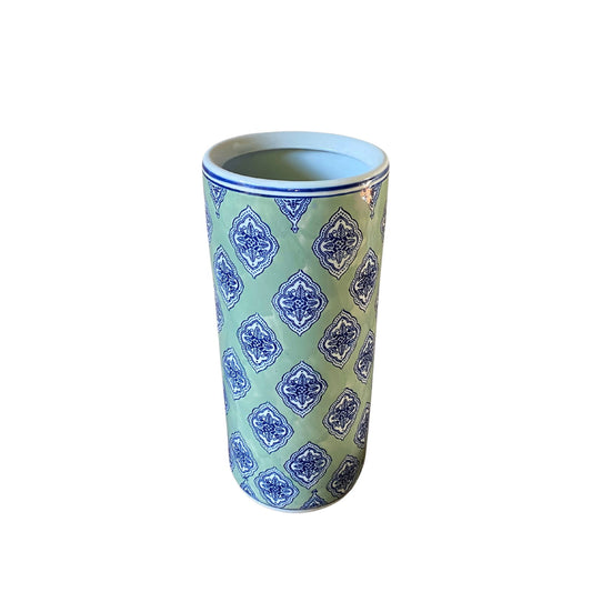 Geko Products green diamond umbrella stand with blue decorative pattern and cylindrical shape