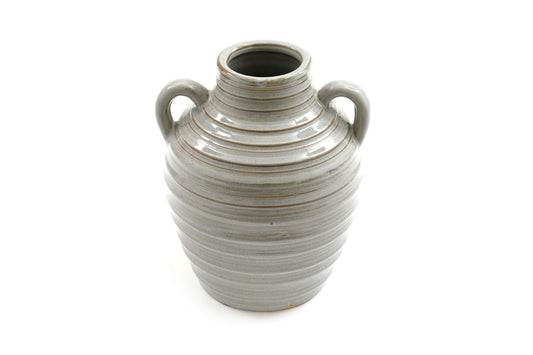 Geko Products ceramic grey ribbed vase with two handles and a wide mouth on a white background
