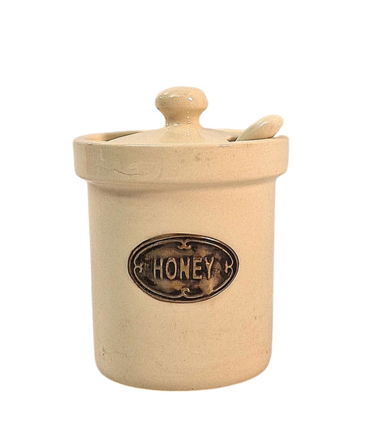Geko Products ceramic honey jar with spoon in beige with honey label on front