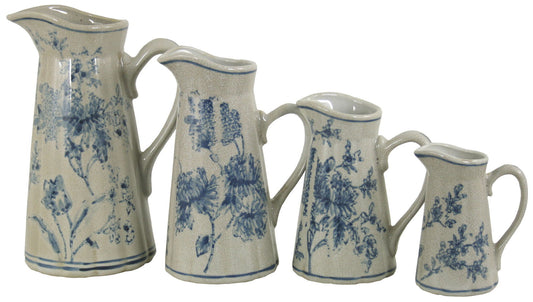 Geko Products ceramic jug set for home decor with four varying sizes featuring blue floral designs