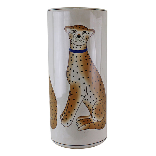 Geko Products ceramic leopard decor tall white vase with painted smiling spotted leopard design